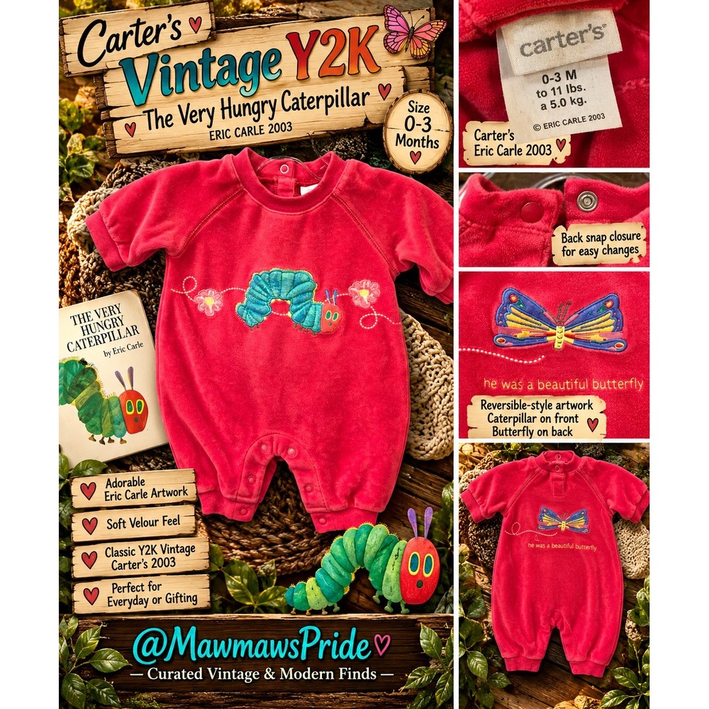 Vintage Y2K Carter's Eric Carle Caterpillar Velour Baby Romper 0-3M 2003